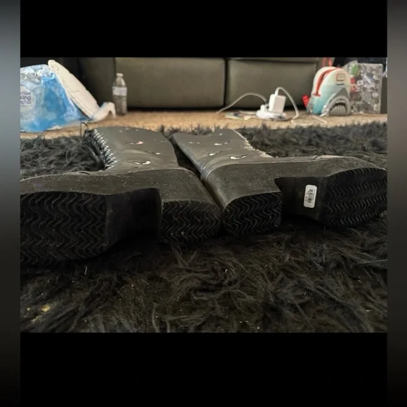 Holographic Bat black Goth Tall Lace-Up Combat Heeled boots - Picture 5 of 6